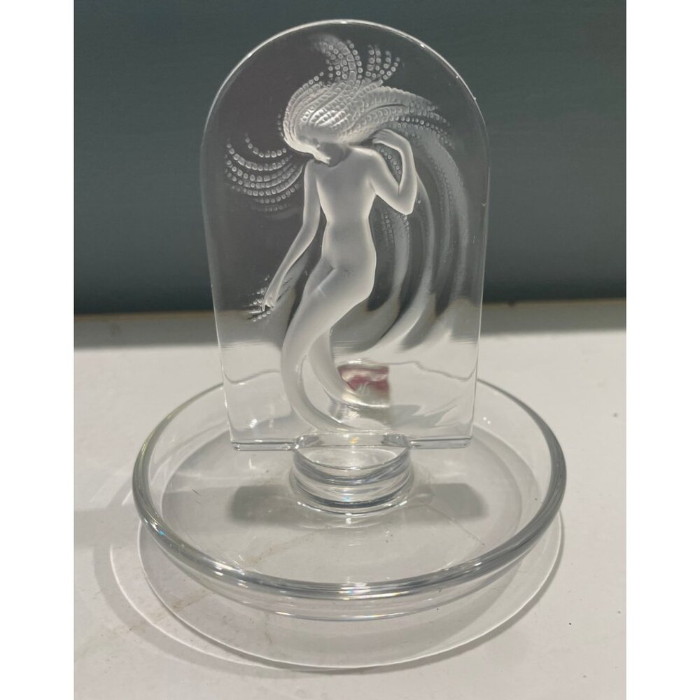 Lalique Naiade Water Nymph Nude Mermaid Pin Ring Tray Dish 4" French Glass Round